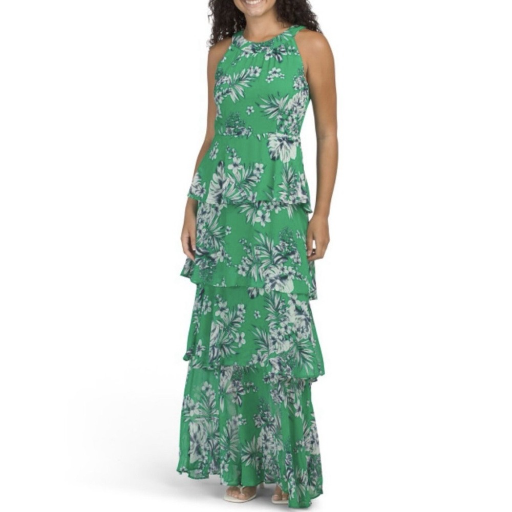 Tommy Hilfiger Women's Green Floral Tiered Chiffon Maxi Dress Size 4